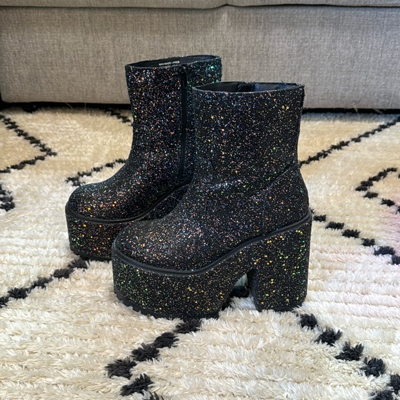 YRU Black Multi-Glitter Platform Ankle Boots - Picture 3 of 9